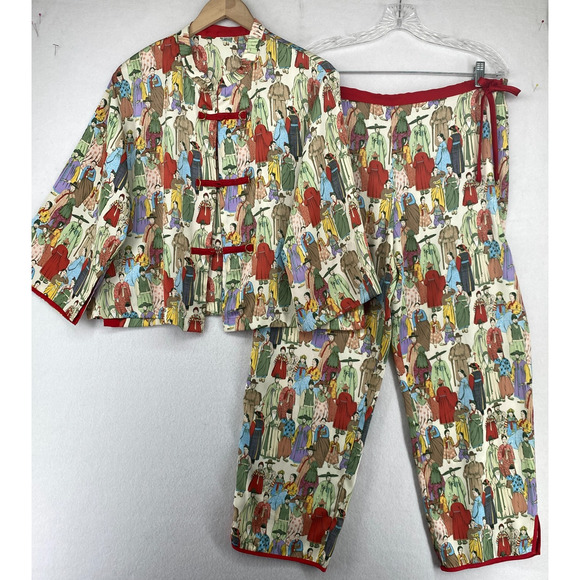 NATORI Pajama Set M Dynasty Print Mandarin PJ Satin Shirt Pants Green Red - Picture 1 of 16
